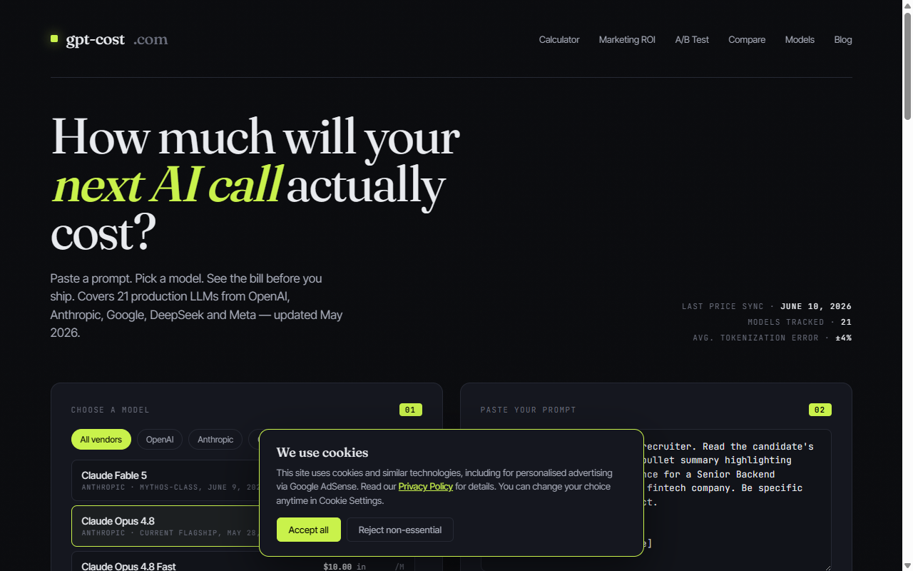 Скриншот сайта AI Token Cost Calculator — калькулятор стоимости LLM